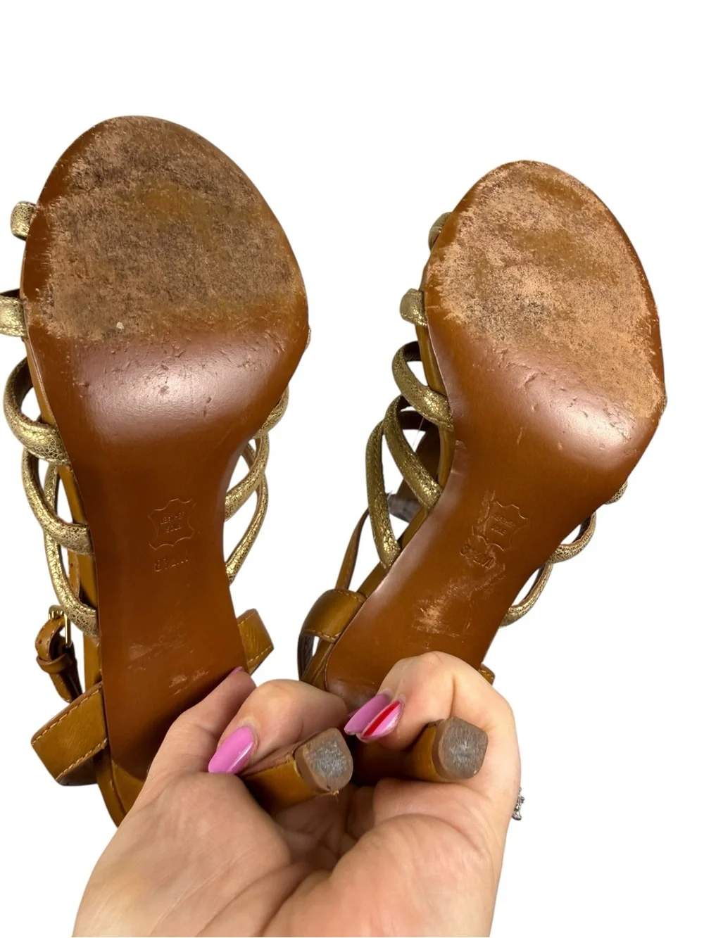 Tory Burch Charlene Caged Leather Strappy Brown Gold Heeled Sandals Sz 8.5